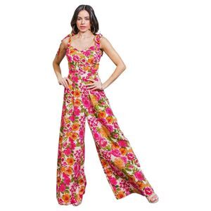 Flying Tomato Bonfire Weekends Linen Cotton Floral Wide Leg Jumpsuit Size Large